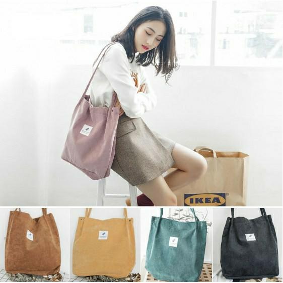 READY INSTOCK Korean Chic Ulzzang Corduroy Shopping Shoulder School Student Tote Bag Handbags Women s Fashion Bags Wallets Tote Bags on Carousell