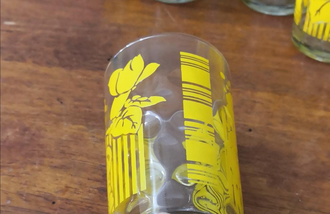 vintage glass cup yellow flower 12, Furniture & Home Living