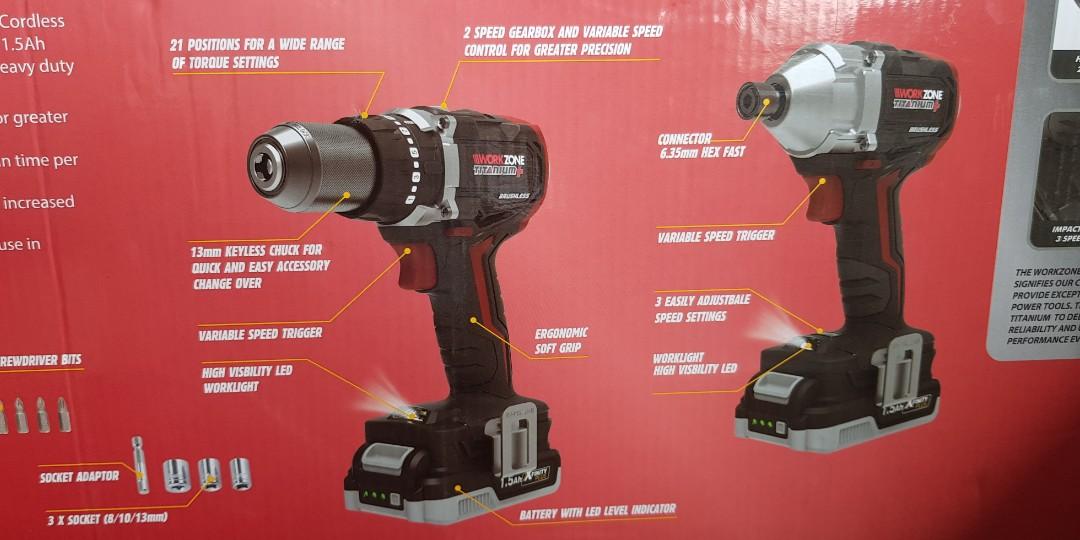Workzone cordless brushless hammer drill and impact driver, Commercial