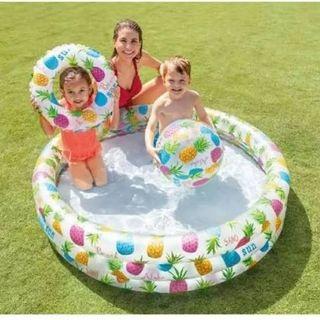 Intex Fruity Fruit Pineapple Inflatable Swimming Pool Set for Kids with Beach Ball and Floater