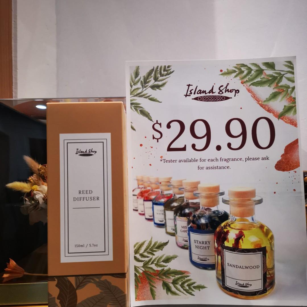 Reed Diffuser (Category: Home Fragrance) located in Singapore. Submitted by ridtzwanflores (Listing ID 1081543673, Image 2). Description: 7 different Reed Diffusers from Island Shop to choose from. $29.90 each, retail selling at $49.90. Self pick up at Punggol Sumang Lane and 32 Jalan Kelulut. Delivery available at $10. Message us now.