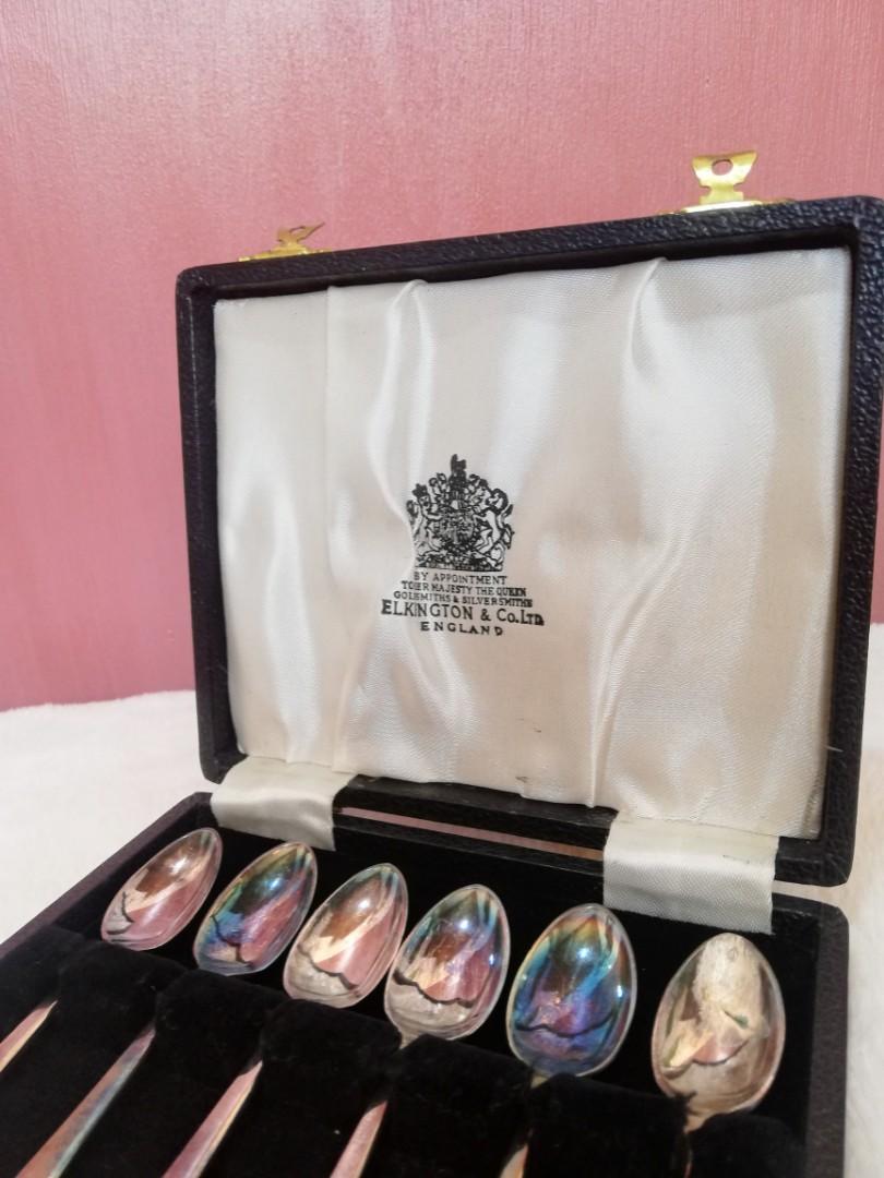 Vintage Elkington silverplated teaspoons with box (Category: Dinnerware & Cutlery) located in Dasmarinas. Submitted by millennialmeetsvintage (Listing ID 1080447346, Image 2). Description: ♡6-piece teaspoon set with authentic elkington box ♡stamped with royal warrant ♡1 spoon looks like it was acid tested ♡what u see is what u get.