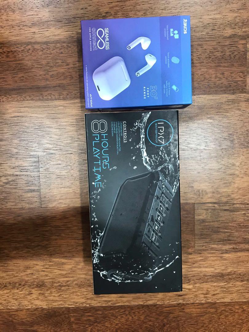 Waterbox Waterproof Speaker and Atom Wireless Earbuds, Audio