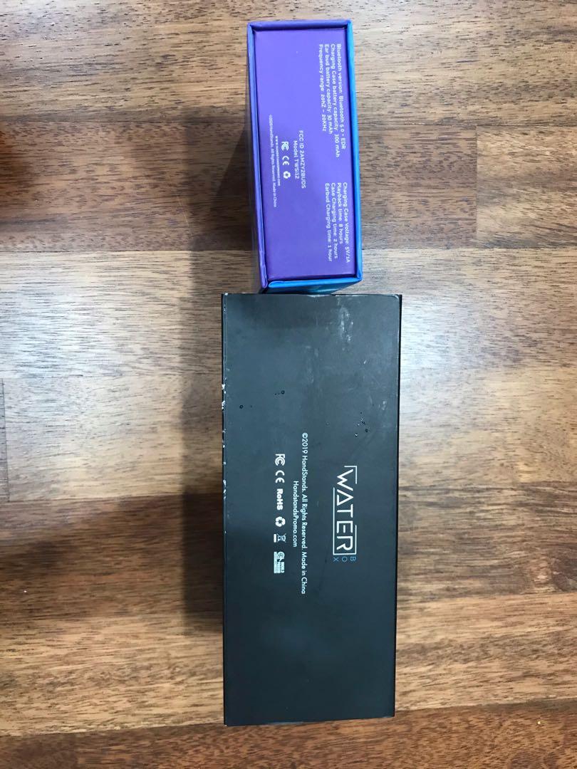 Waterbox Waterproof Speaker and Atom Wireless Earbuds, Audio