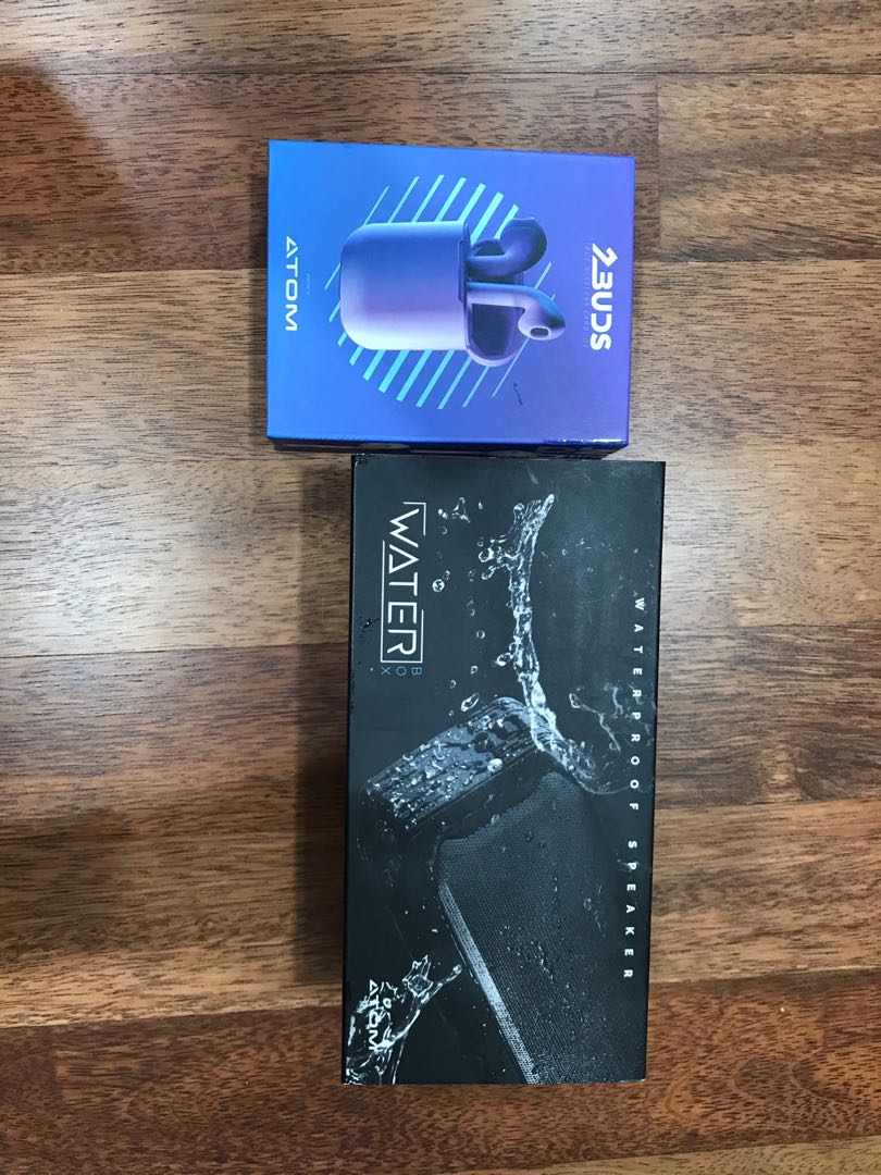 Waterbox Waterproof Speaker and Atom Wireless Earbuds, Audio