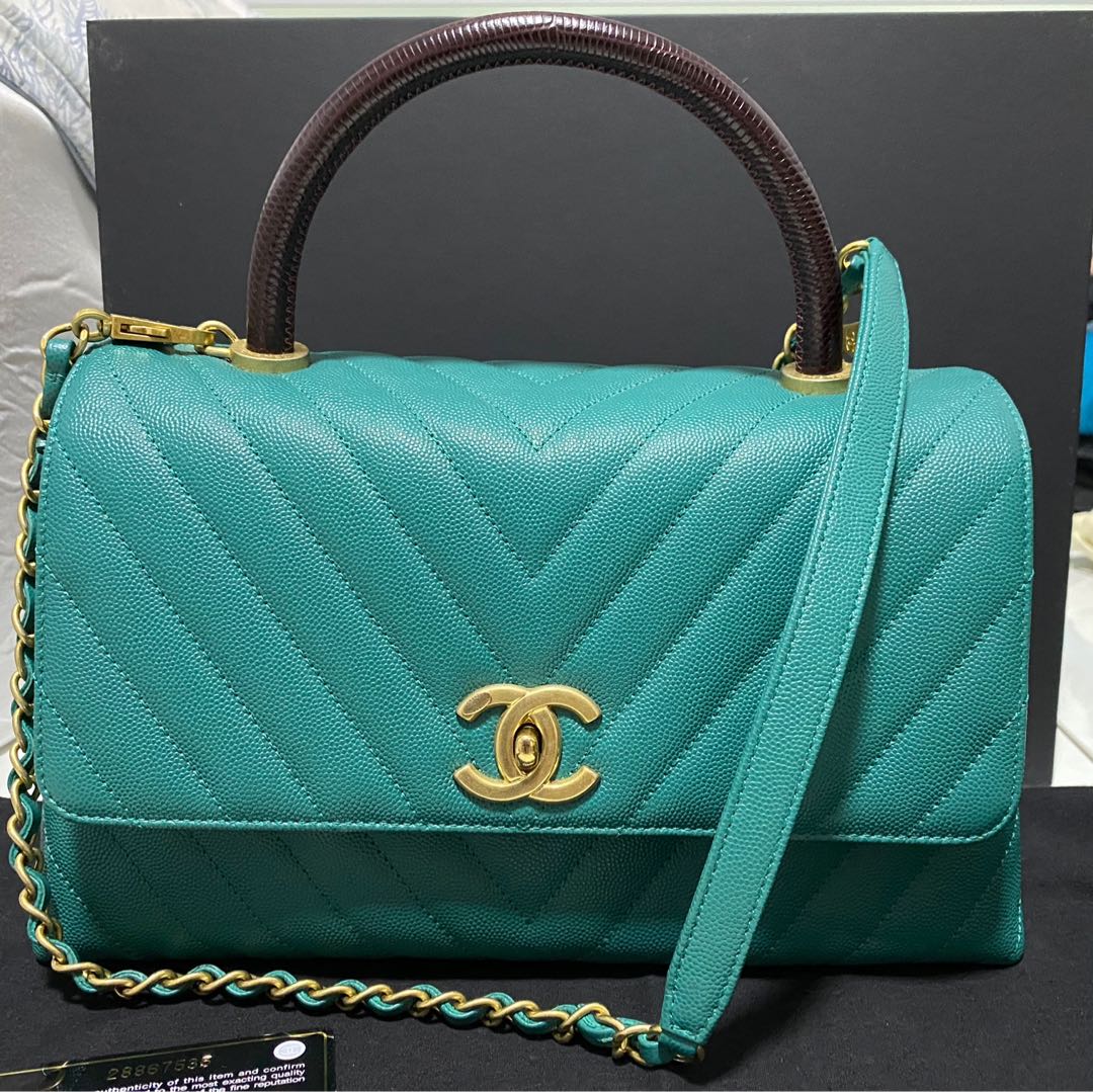 Authentic Chanel Coco Handle Chevron in unique Green Caviar GHW Bag in  Calfskin Handle (embossed lizard skin)