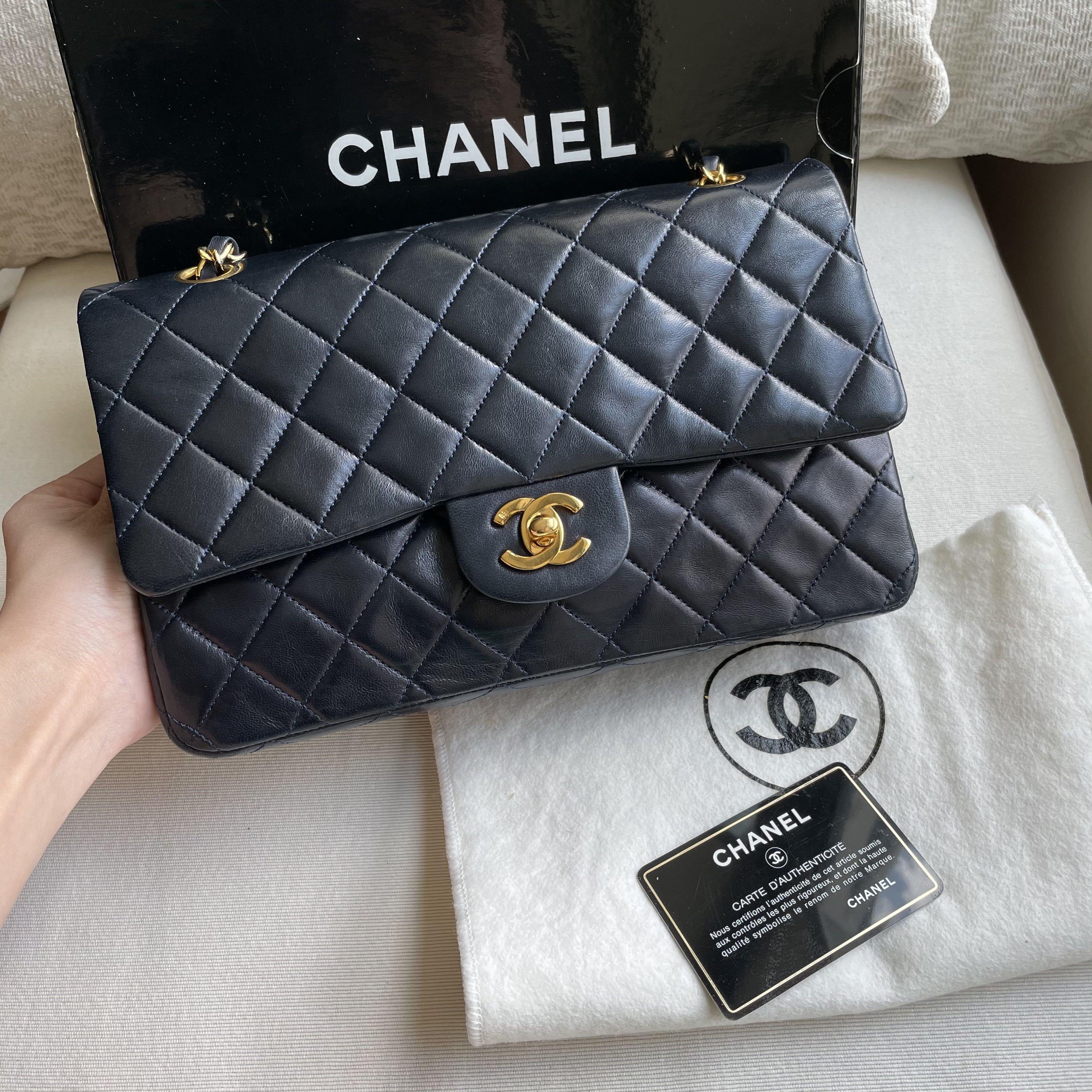 AUTHENTIC CHANEL Navy Blue Medium 10 Classic Flap Bag 24k Gold Hardware   FULL BOX SET  Luxury Bags  Wallets on Carousell