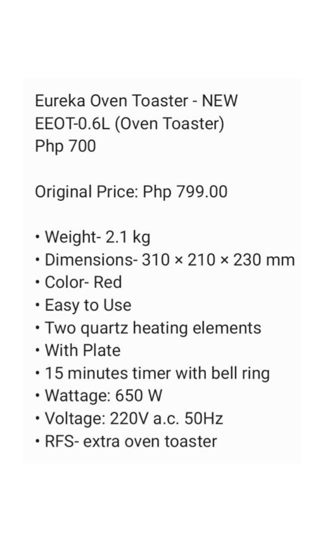 Eureka Oven Toaster 0.6L New, TV & Home Appliances, Kitchen