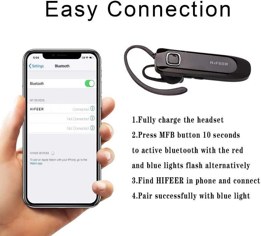 HIFEER Bluetooth Headset Handsfree Wireless Bluetooth Earpiece 16 Hrs Playtime with Noise Cancelling Microphone In Ear Waterproof for iPhone Samsung