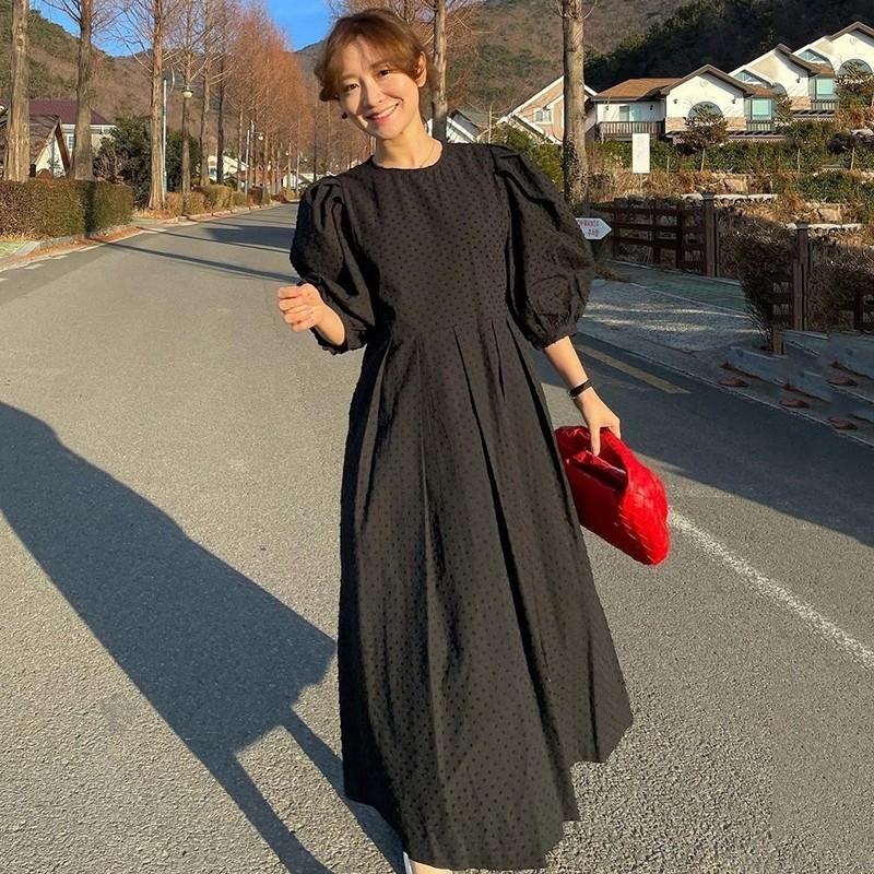 Korean polka dot black white casual maxi dress high waist, Women's