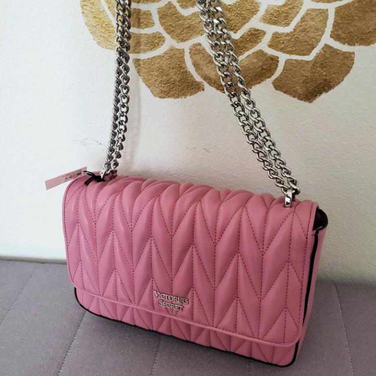 Victoria's Secret Two way Chevron Quilted Shoulder Bag crossbody Pink Silver