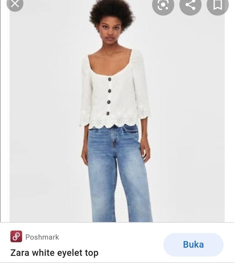 Zara White eyelet top, Fesyen Wanita 