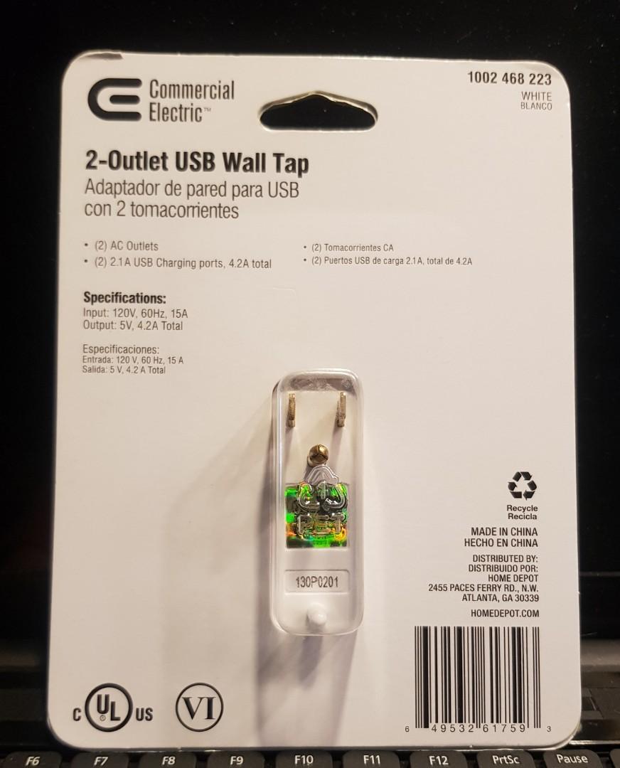 2 outlet USB wall tap (Category: Electrical, Adaptors & Sockets) located in Pasig City. Submitted by mamasfinds (Listing ID 1081840065, Image 2). Description: Commercial Electric adaptor with 2 AC outlets and 2 USB charging ports.