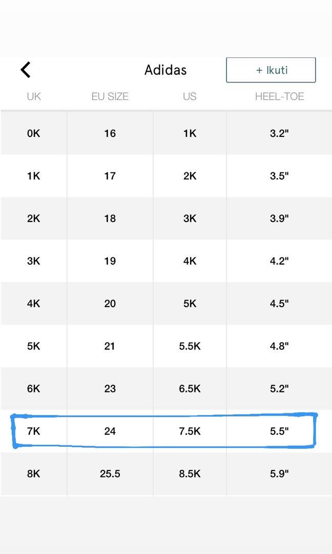 Adidas 7k size chart hotsell