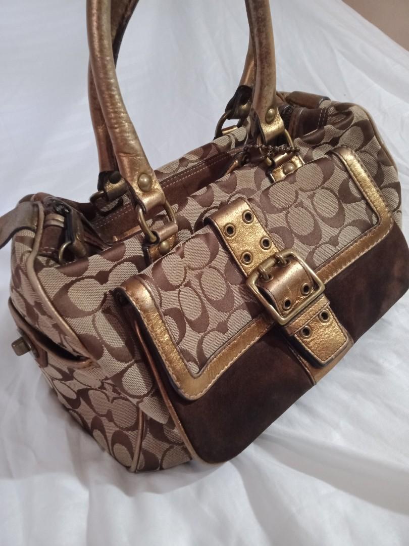 Authentic Coach bag (Category: Luxury Bags & Wallets) located in Taguig. Submitted by bbtg.finds (Listing ID 1081868901, Image 2). Description: —Crafted of Coach monogram canvas with bronze leather and brown suede details. Recently, side twist lock was repaired by Coach —Price is negotiable —Rest assured that the bag is authentic. if proven fake, you can ask for a refund.