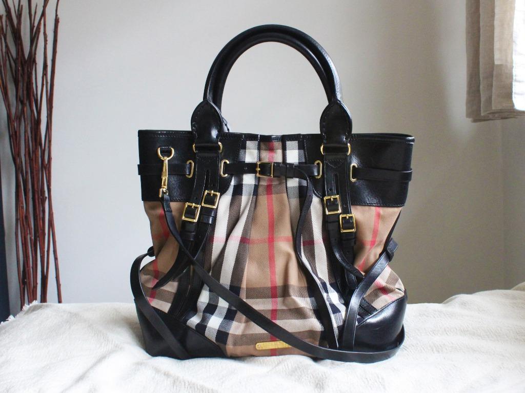 Burberry Large Bridle House Check Whipstitch Tote Bag in Brown