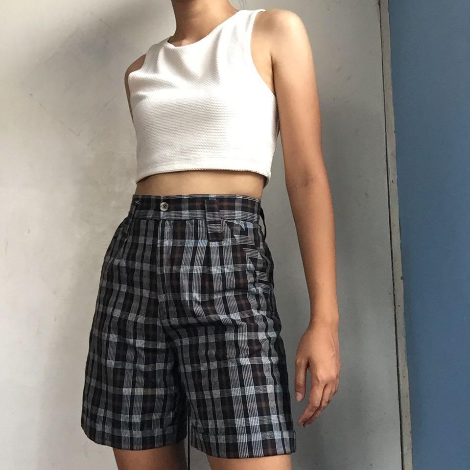 Checkered high waisted shorts store