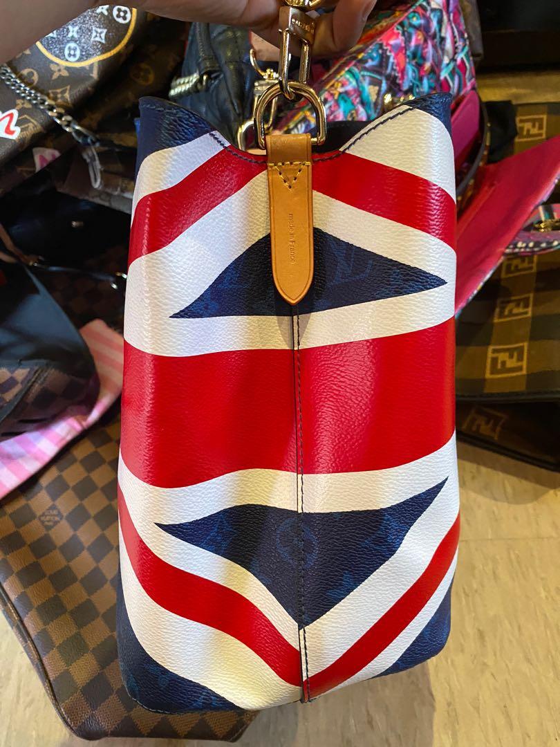 Blue Monogram, Red, and White Coated Canvas Royal Wedding Union Jack UK  Flag Printed NeoNoe MM Bucket Bag Gold Hardware, 2018