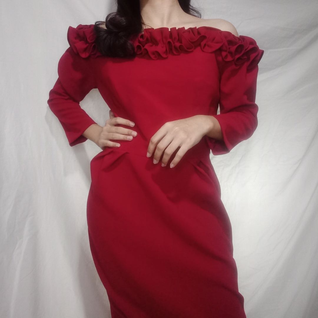 Off Shoulder Red Dress, Fesyen Wanita 