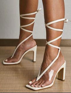 White Gladiator Tie Clear Toe High Heels