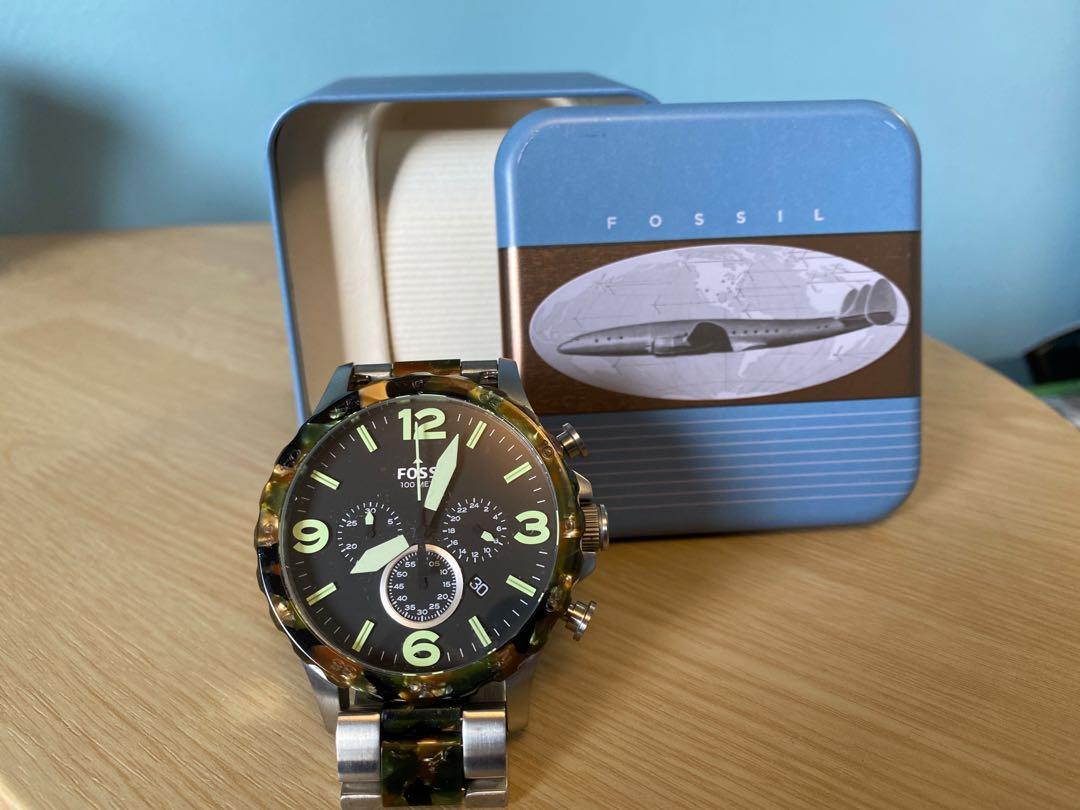 Fossil men s watch silver with tortoise shell camo accents