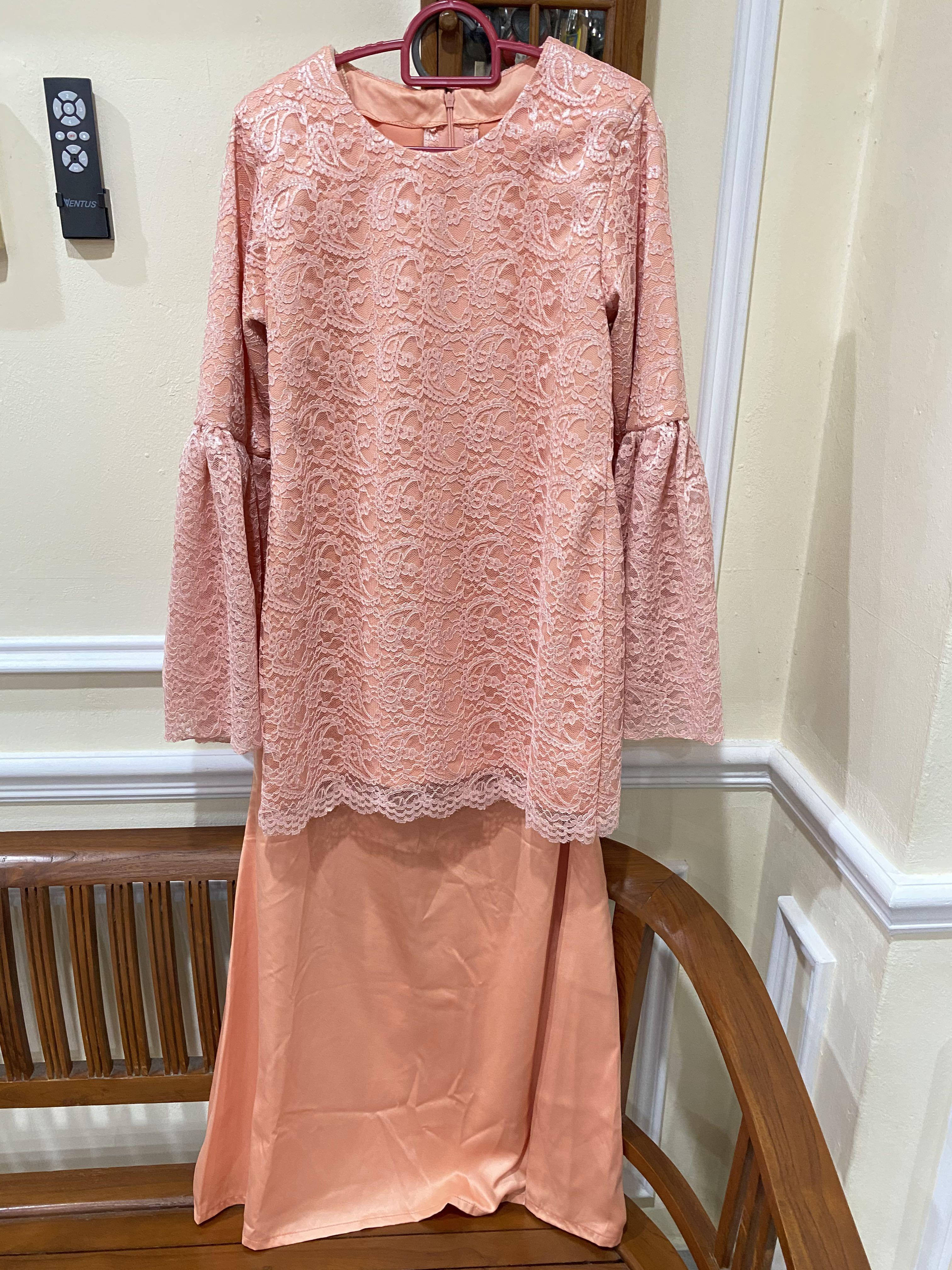 FREE POST Baju Kurung Moden Lace Peach Flare sleeve Women s Fashion Muslimah Fashion Baju Kurung sets on Carousell