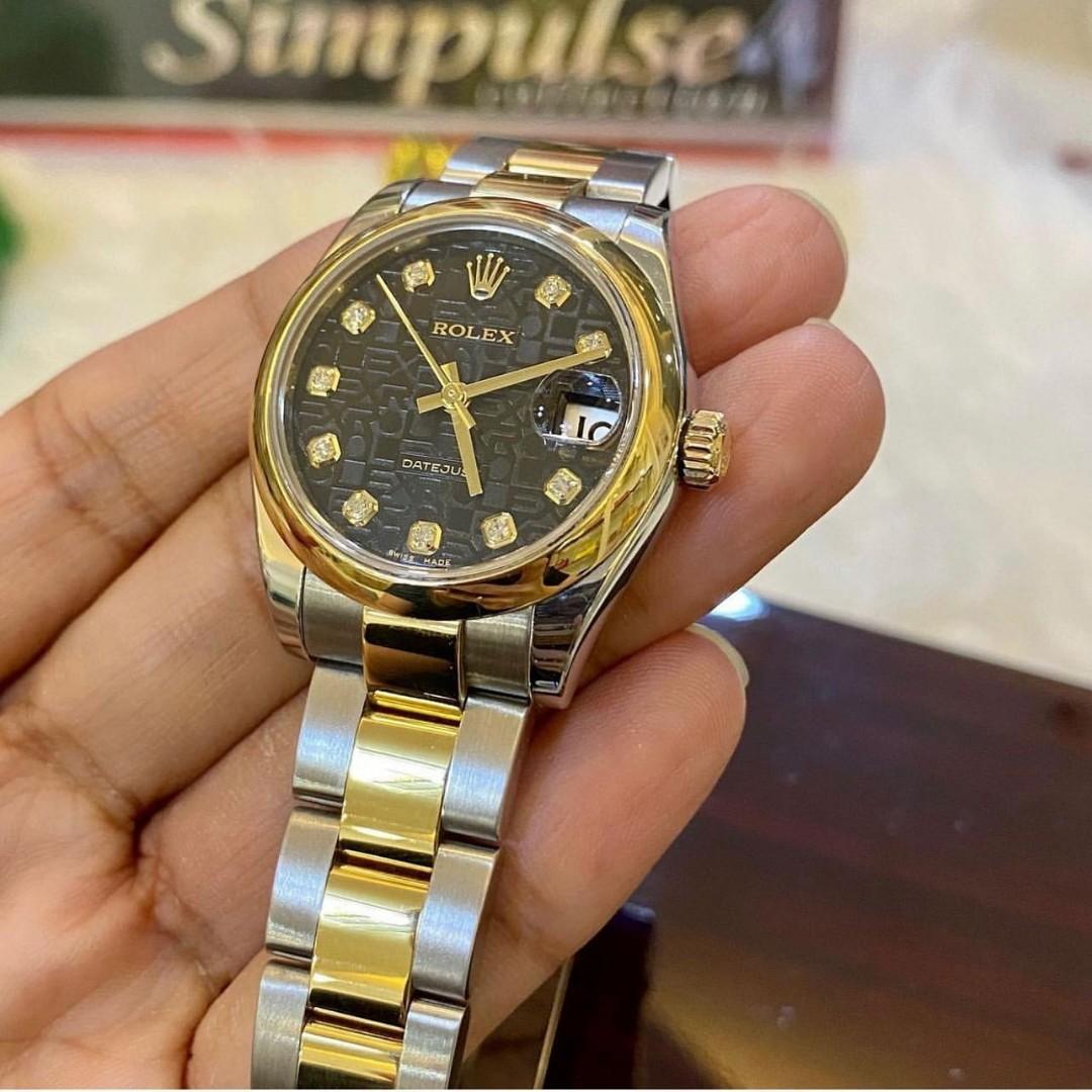 ROLEX DATEJUST 31MM JUNIOR SIZE TWO TONE YELLOW GOLD SS BLACK COMPUTER FACE WITH DIAMONDS