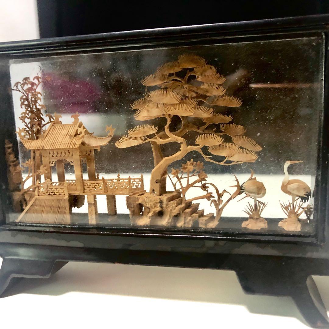 VINTAGE CHINESE CORK CARVING ART SCULPTURE WITH CRANES DIORAMA SHADOW