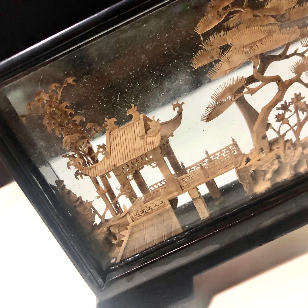 VINTAGE CHINESE CORK CARVING ART SCULPTURE WITH CRANES DIORAMA SHADOW