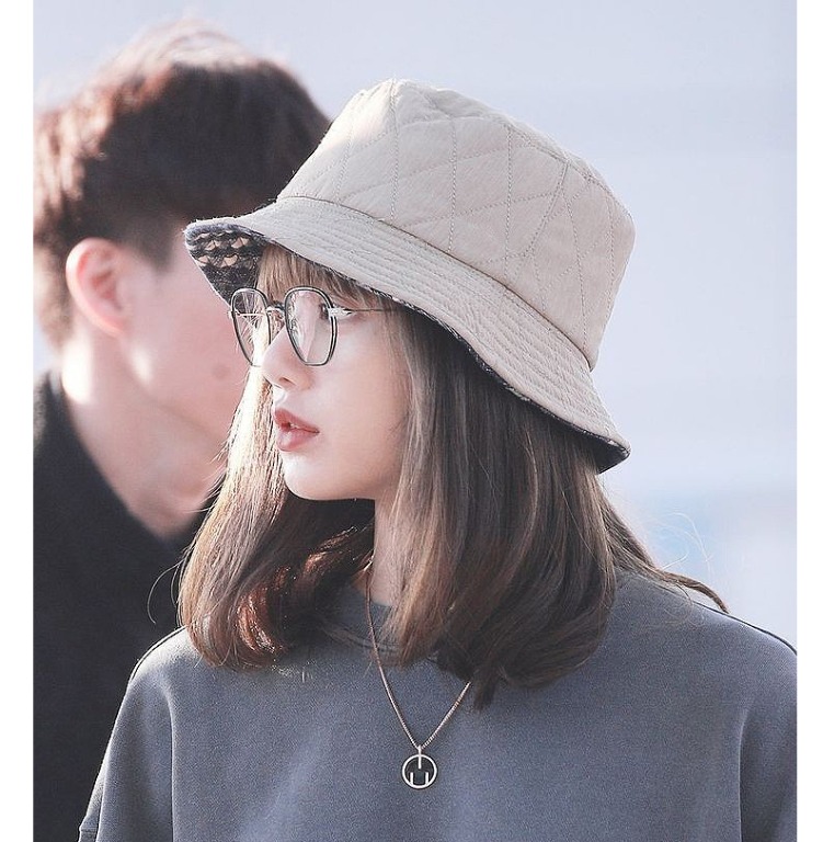 Lisa Nude Brown Monochrome Checkered Bucket Hat Blackpink