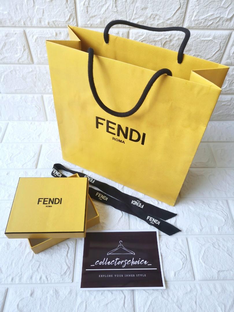Fendi paperbag, box & ribbon (Category: Luxury Bags & Wallets) located in Makati City. Submitted by _collectorschoice_ (Listing ID 1082351948, Image 1). Description: Fendi box with ribbon *Width: 5 inches *Length: 4 inches *Height: 1.2 inches Fendi paperbag *Width: 10.3 inches *Height: 10.2 inches *Unused *Authentic *Shipping via JRS (schedule MWF) *Lalamove.