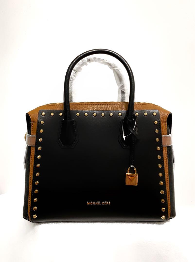 Michael Kors MK Mercer Studded Leather Belted Satchel M Luxury