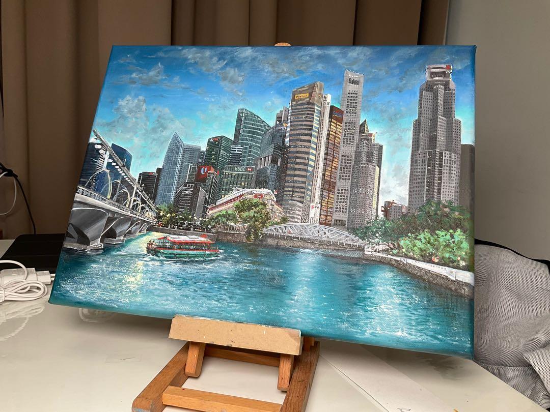 Original Oil Painting Singapore Downtown Art, Hobbies & Toys