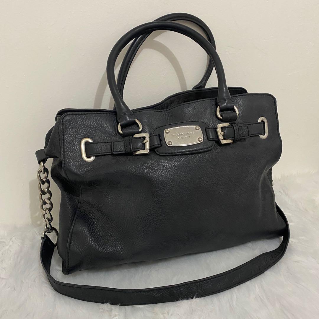 Authentic Michael Kors MK Hamilton Leather Bag with Sling (Category: Luxury Bags & Wallets) located in Las Pinas. Submitted by thestylecapital (Listing ID 1082478039, Image 1). Description: Authentic Michael Kors MK Bag Hamilton Genuine Leather Pasalubong from US 8.5/10 condition Needs cleaning Selling bc I don’t work anymore and won’t be using it na 14" wide, 11"long 6" wide (from the side, yung how thick the bag is) 26" long (top of sling to bo