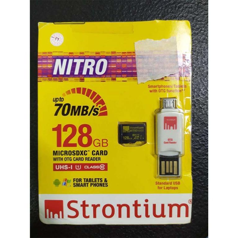 **DP Strontium Nitro 128gb Micro SDXC Class 10 w/ OTG Card Reader (Category: Hard Disks & Thumbdrives) located in San Juan City. Submitted by princessshyph (Listing ID 1082439567, Image 1). Description: Note: Damage Packaging / actual picture posted Strontium Nitro 128gb Micro SDXC 70mbps UHS-1 Class 10 with OTG Card Reader Product Part Number : SRN128GTFU1T Complaint with the latest SD card Specification Standards Compatibility: Compatible with 
