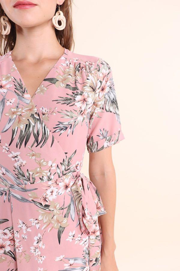 pink floral midi wrap dress
