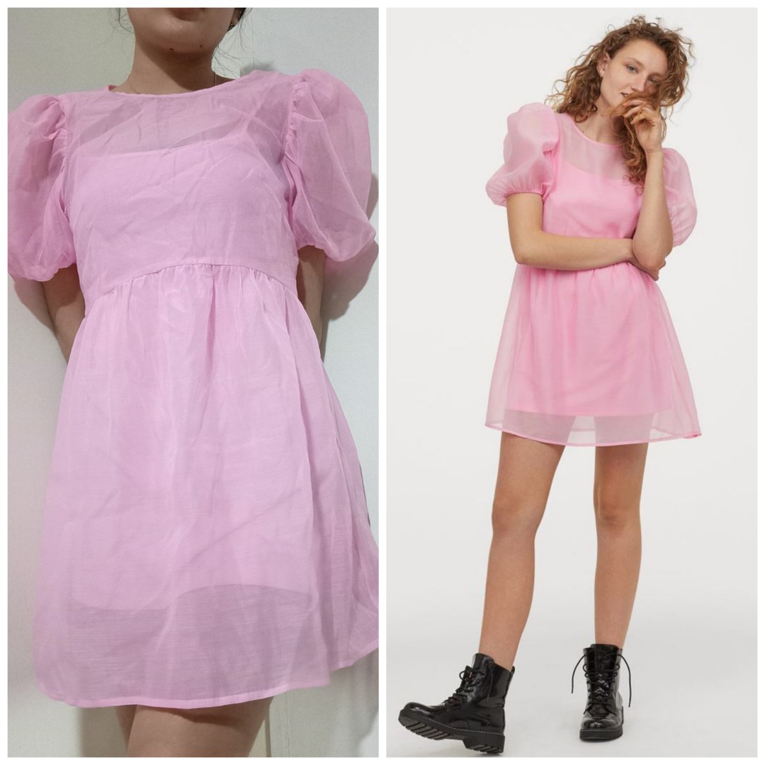 h\u0026m pink puff sleeve organza dress 