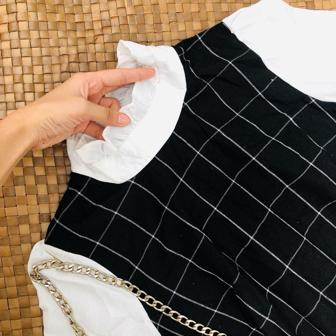 Korean Style Black and White Long sleeves Dress, Women's Fashion