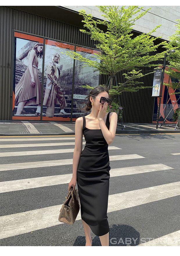 Thick strap black dress sale