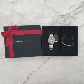 🔥AUTHENTIC Daniel Wellington DW Iconic Link Silver Black Watch 32mm + Silver Cuff Bracelet Ribbon Box Set