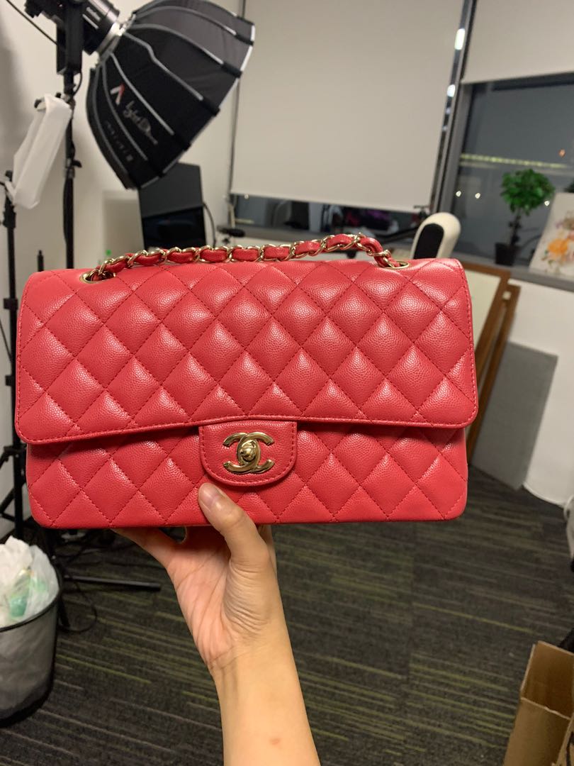 Chanel 17C medium double classic flap in Pearly Red caviar leather