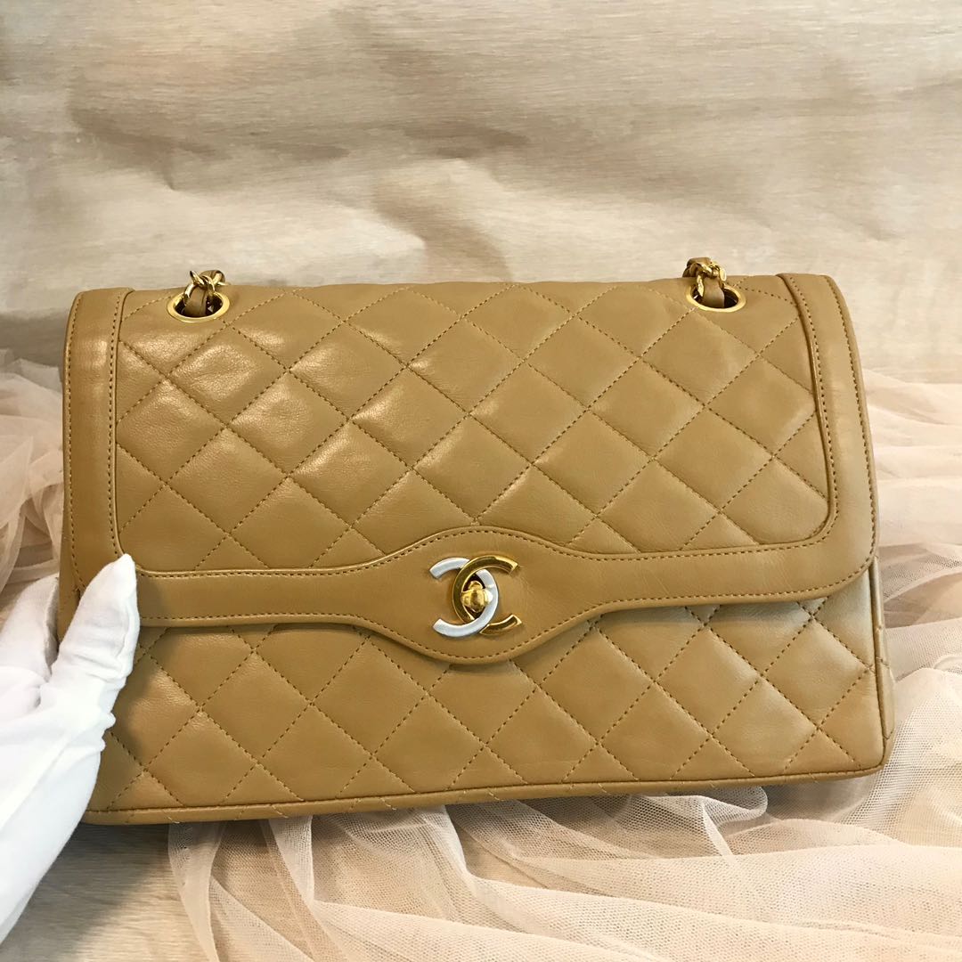 Chanel Beige Vintage Paris Limited Edition Twin CC logo lambskin flap bag  with 24k Gold Hardware, Luxury, Bags & Wallets on Carousell