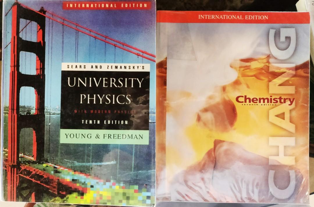 College Chemistry & Physics textbooks (Category: Textbooks) located in Pasig City. Submitted by ulappp (Listing ID 1079007450, Image 1). Description: University Physics 10th edition by Young & Freedman - P700, paperback, no highlights or markings, in excellent condition (SOLD) Chemistry 7th edition by Raymond Chang - P1000, colored, no highlights or markings, in excellent condition.