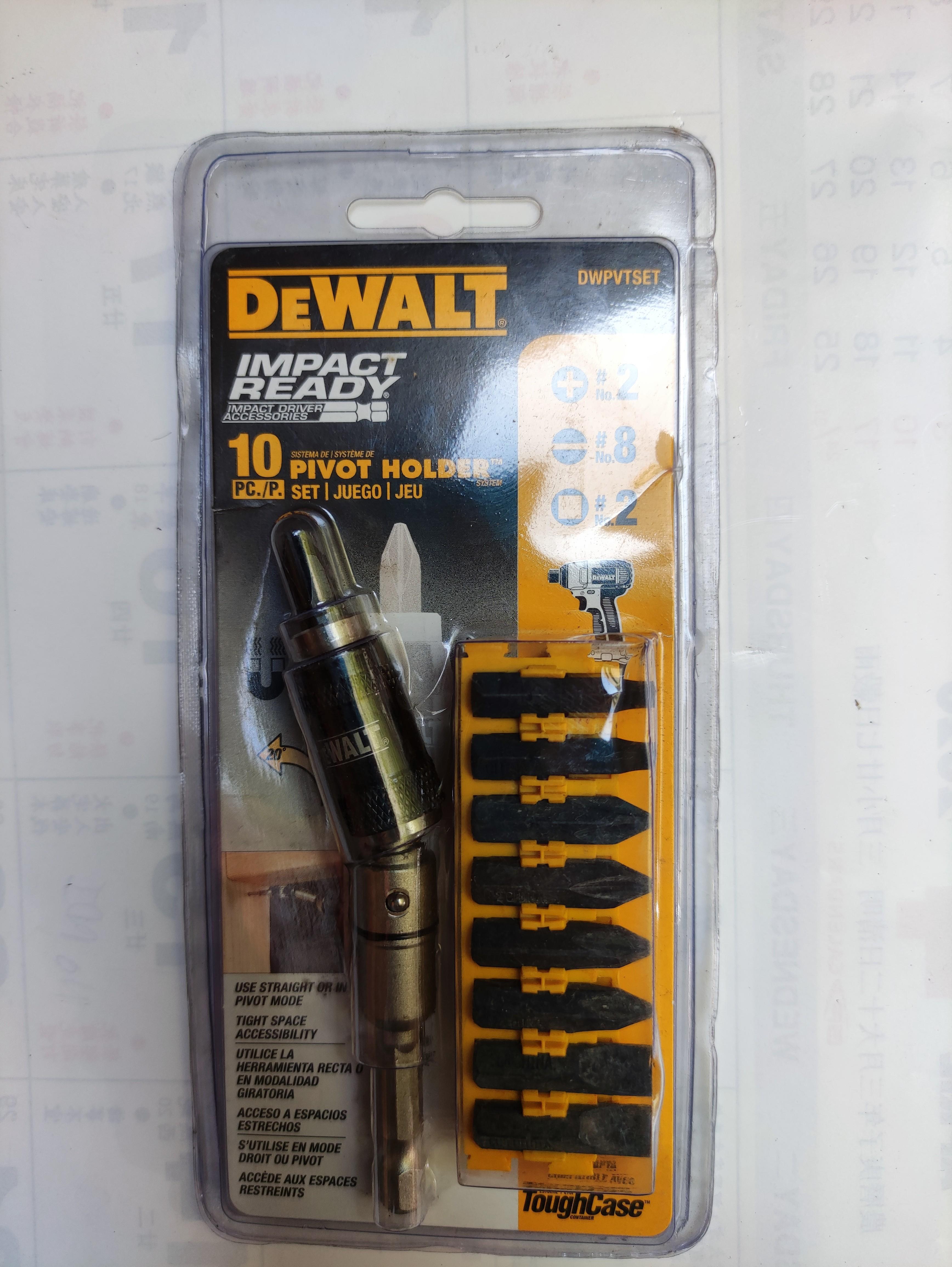 Dewalt 10 pc Impact Ready Pivot Bit Holder Set (Category: Construction Tools & Equipment) located in Caloocan City. Submitted by dianethriftstore (Listing ID 1079027001, Image 1). Description: DEWALT DWPVTSET 10pc Impact Ready Pivot Bit Holder Set Includes Best In Class most common Impact Driver Accessories Includes new Patented PIVOT HOLDER - Drive Straight or in Pivot Mode Ideal for any Applications where Impact Drivers are used All DEWALT Impa