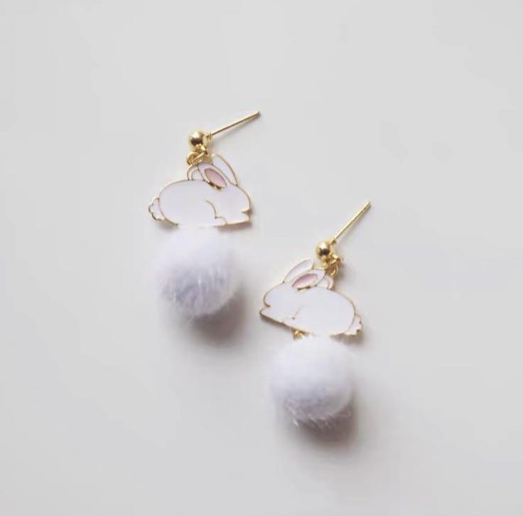 SG Stock Korean Cute White Rabbit Bunny Furry Ball Dangle Drop Earrings