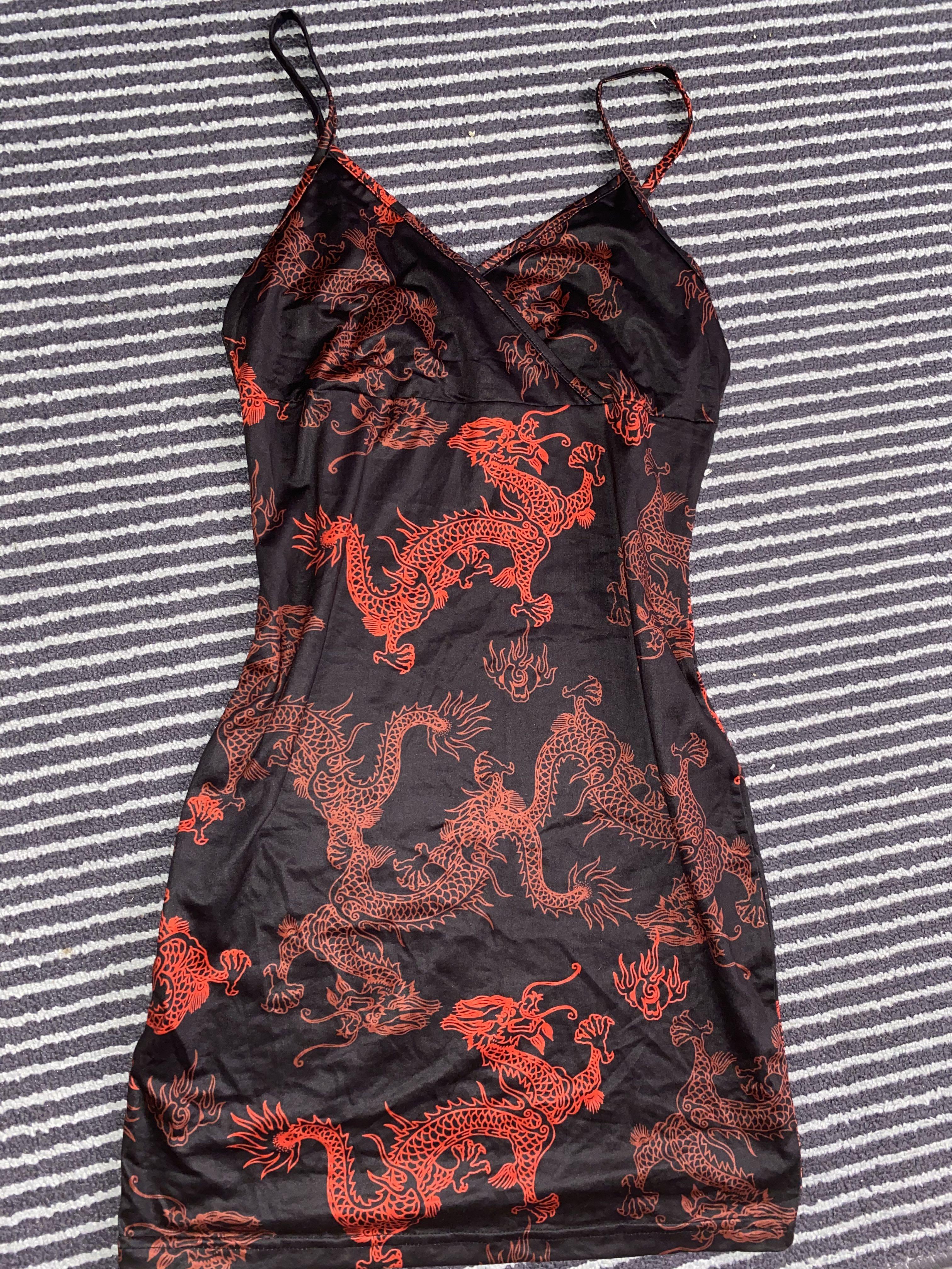 SHEIN black dress with red dragon ...