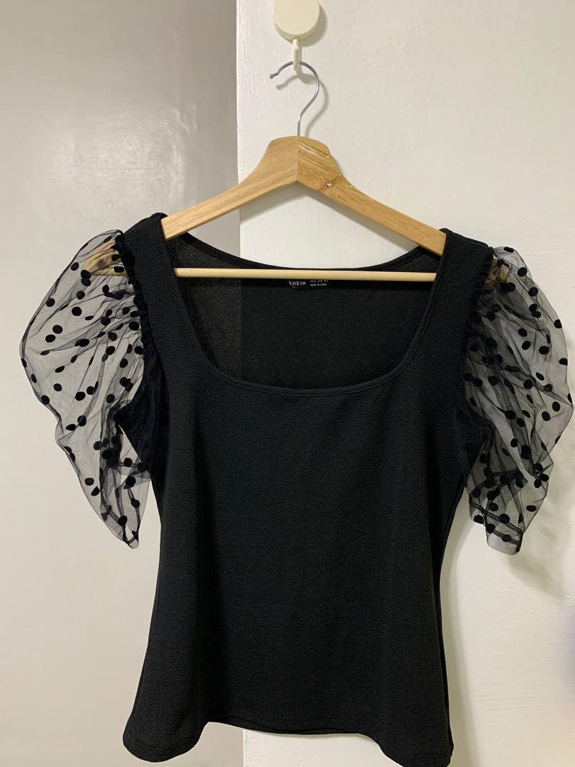 Shein puff sleeve black blouse top, Women's Fashion, Tops, Blouses on  Carousell
