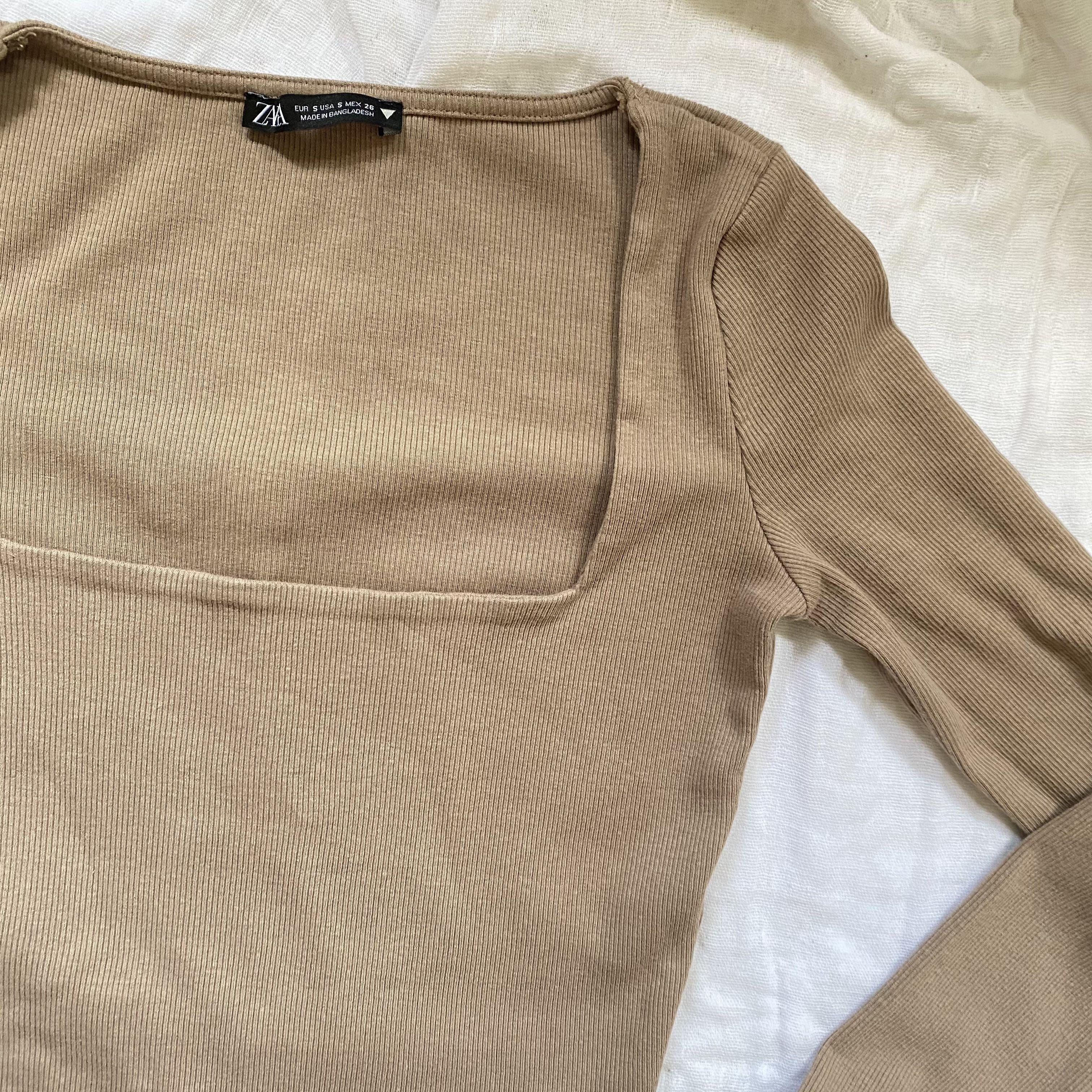 Zara square neck long sleeved top in khaki/ brown, Women's Fashion, Tops,  Sleeveless on Carousell
