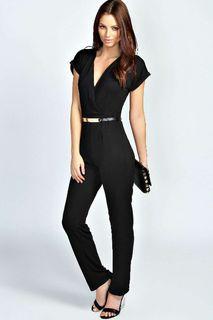 Boohoo Cleo Wrap Front Belted Crepe Jumpsuit