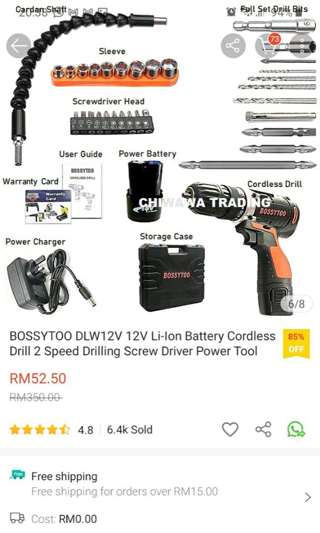 BOSSYTOO DLW12V 12V Li Ion Battery Cordless Drill 2 Speed Drilling